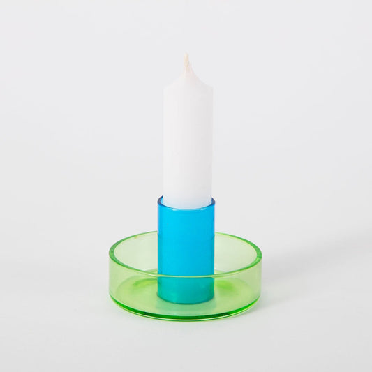 Duo Tone Glass Candle Holder in Green & Blue Borosilicate Laboratory Glass H7cm by Block Design