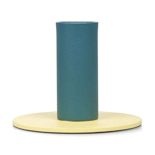 British Colour Standard Tall Two Tone Metal Candleholder / Petrol Blue and Jasmine