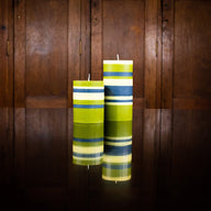 British Colour Standard Eco Striped Pillar Candle 15cm in Olive, Idigo and Jasmine