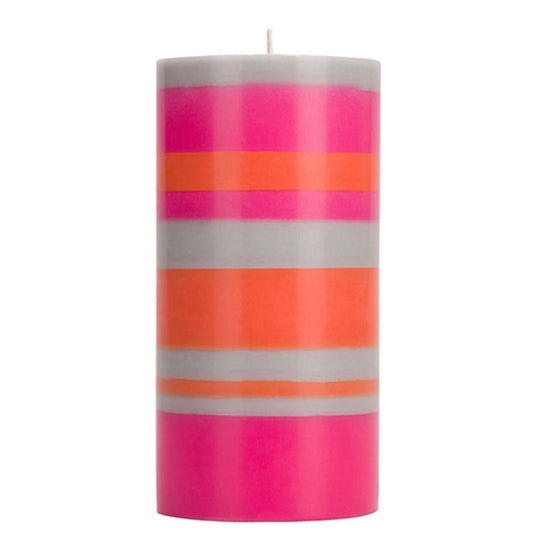 British Colour Standard Eco Striped Pillar Candle - 15cm / Orange Flame, Willow and Neyon