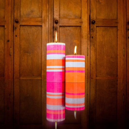 British Colour Standard Eco Striped Pillar Candle - 15cm / Orange Flame, Willow and Neyon