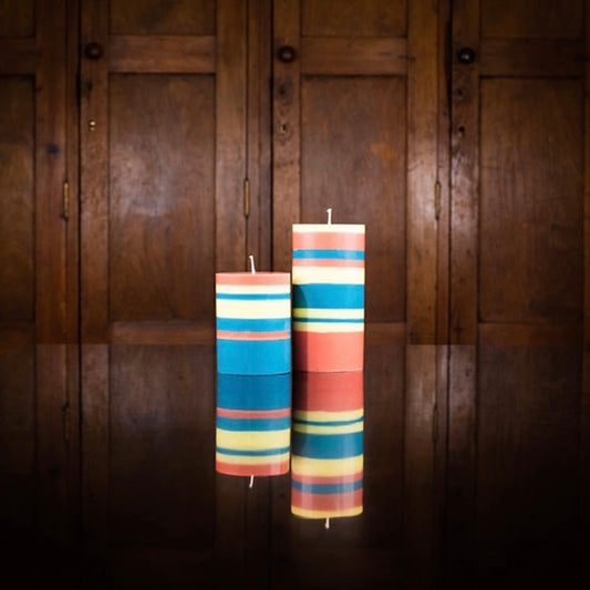 British Colour Standard Eco Striped Pillar Candle - 15cm / Jasmine, Rust and Petrol