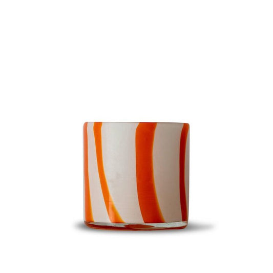 Handmade votive in organic shapes with fantastic curves in coloured glass with Byon’s orange in contrast to the lovely white.