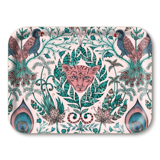 Amazon pattern rectangle animal tray featuring images of wildlife and foliage in multiicolours, dimenstions 43x33cm by Emma J Shipley for Jamida of Sweden