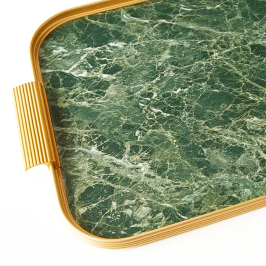 Kaymet Green Marble Tray With Handles - S16 (40cm x 28cm) - Gold Trim