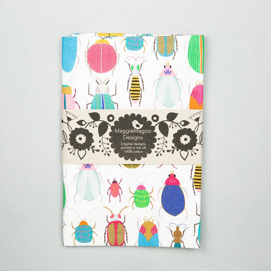 Bugs and Beetles pattern tea towel made from 100% cotton by Maggie Magoo Designs