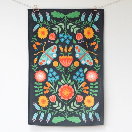 Moth and Floral pattern tea towel made from 100% cotton by Maggie Magoo Designs