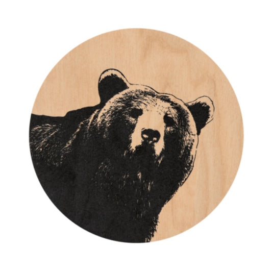 Nordic Coaster featuring an image of a bear, diameter 10cm handmade in birch by Muurla
