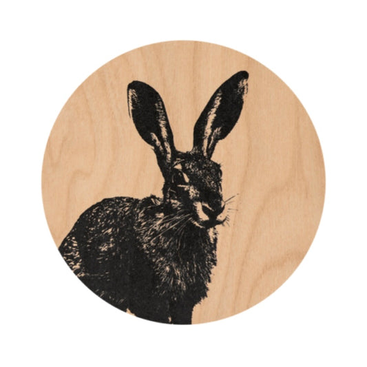 Nordic Coaster featuring an image of a hare, diameter 10cm handmade in birch by Muurla