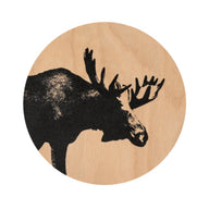 Nordic Coaster featuring an image of a moose, diameter 10cm handmade in birch by Muurla