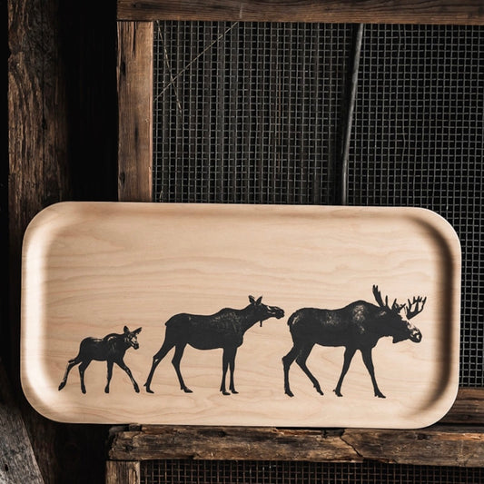 Handmade Finnish birch wood Nordic Tray featuring a mooses in black 43 x 22 cm by Muurla