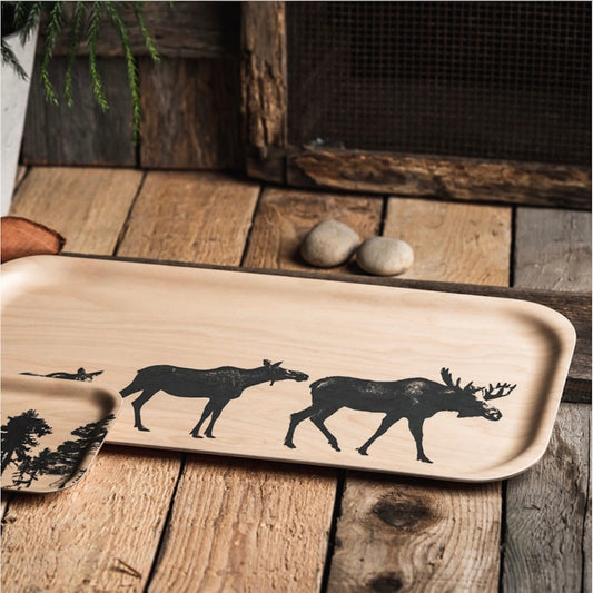 Handmade Finnish birch wood Nordic Tray featuring a mooses in black 43 x 22 cm by Muurla