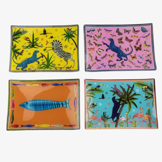 Ortigia Small Rectangle Glass Plate 18 X 13 cm / Dragonflies Pink