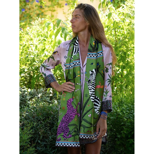 Ortigia Pure Silk Ocelot Jungle Scarf Green Primavera 200x70cm