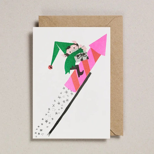 Petra Boase Rocket Elf Riso Print Christmas Card