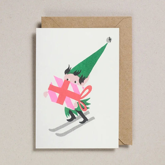 Petra Boase Skiing Elf Riso Print Christmas Card