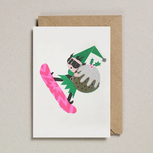 Petra Boase Snowboarding Elf Riso Print Christmas Card