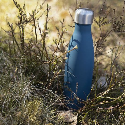 Nils double walled stainless steel bottle with rubber finish in Blue H26cm 50cl by Sagaform