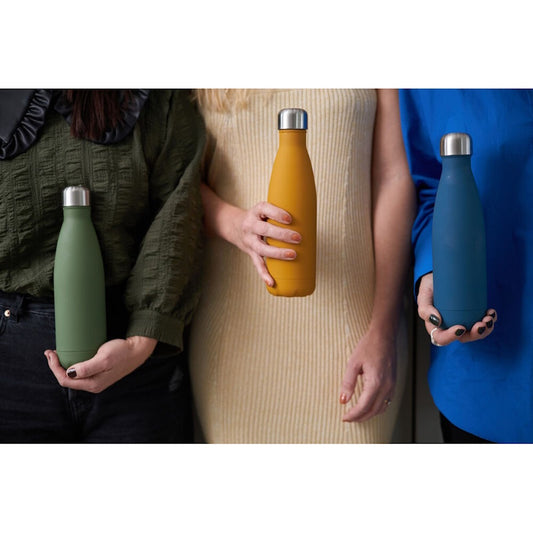 Nils double walled stainless steel bottle with rubber finish in yellow, blue and green H26cm 50cl by Sagaform