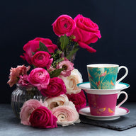 Sara Miller Green and Pink Bird Teacup & Saucers
