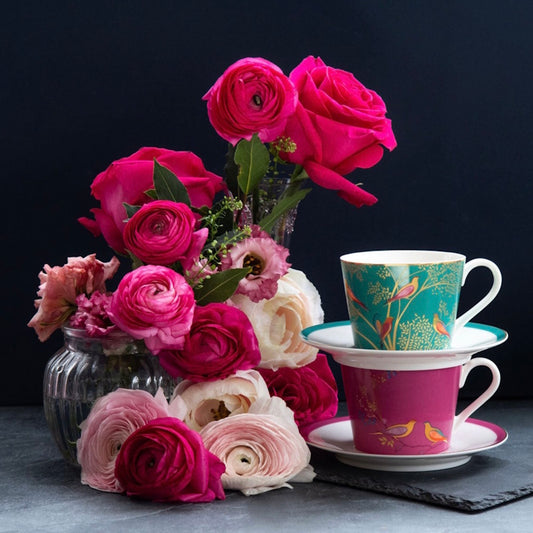 Sara Miller Green and Pink Bird Teacup & Saucers