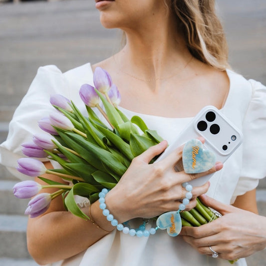 Solar Eclipse Hand-Painted Baby Blue Mama Heart Gemstone Bracelet Phone Chain