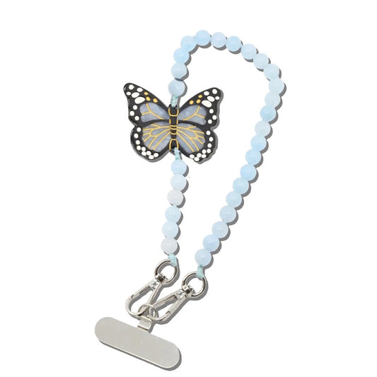 Solar Eclipse Hand-Painted Baby Blue Monarch Butterfly Gemstone Bracelet Phone Chain