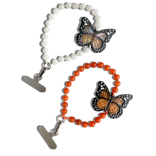 Solar Eclipse Hand-Painted Orange and White Monarch Butterfly Gemstone Bracelet Phone Chains