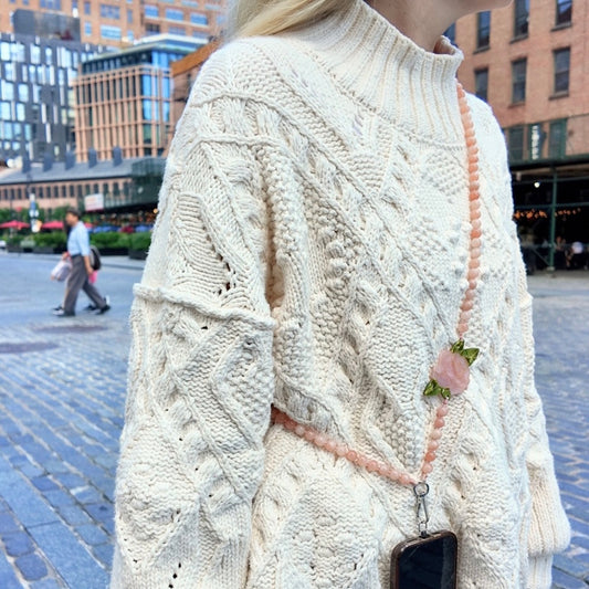 Solar Eclipse Hand-Painted Pink Rose Gemstone Crossbody Phone Chain