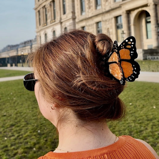 Solar Eclipse Hand Painted Monarch Butterfly Claw Hair Clip / Orange