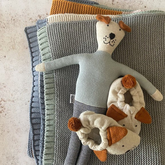 Cotton Knit Soft Toy - Dog Blue, Navy, Ginger and Ivory 30cm by Sophie Home