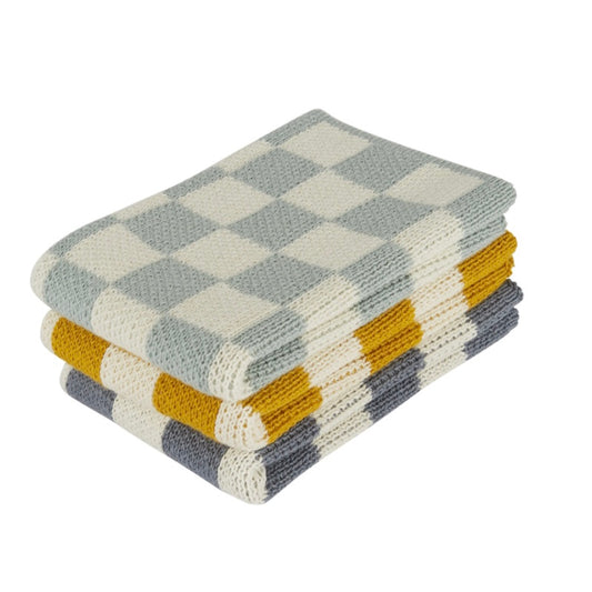 Sophie Home Reusable Cotton Knit Dishcloths Check / Set of 3 - Aqua 28 x 28cm