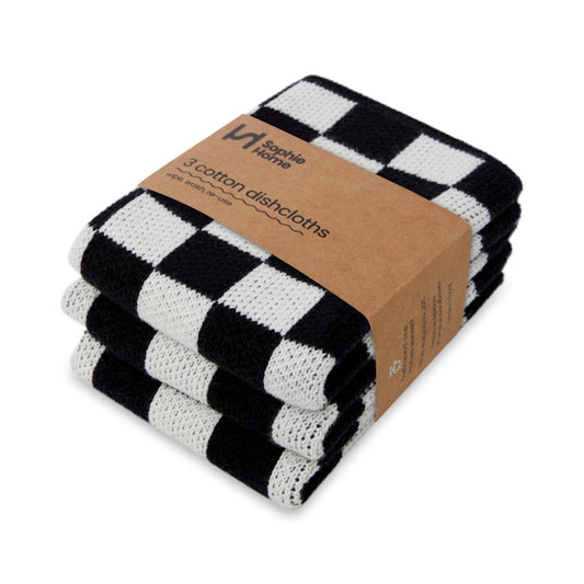 Sophie Home Reusable Cotton Knit Dishcloths Check / Set of 3 - Mono 28 x 28cm