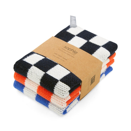 Sophie Home Reusable Cotton Knit Dishcloths Check / Set of 3 - Navy 28 x 28cm
