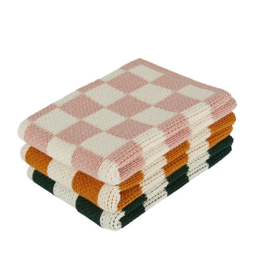 Sophie Home Reusable Cotton Knit Dishcloths Check / Set of 3 - Pink 28 x 28cm