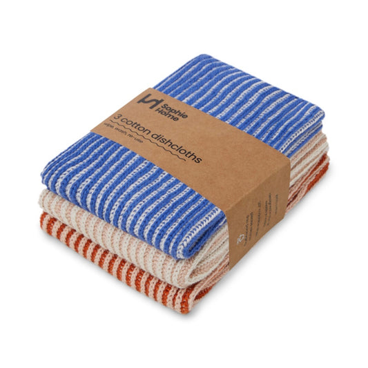 Sophie Home Reusable Ribbed Cotton Knit Dishcloths Set of 3 Cobalt 28 x 28cm