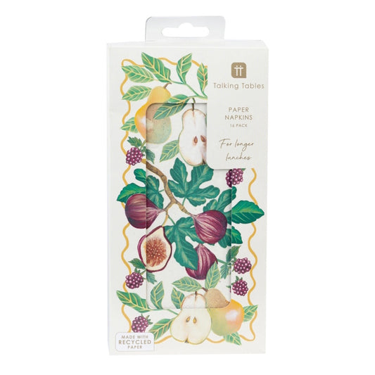 Talking Tables paper napkins in a white hanging retail box with an illustrated fruit and leaf pattern featuring pears, figs, and grapes.