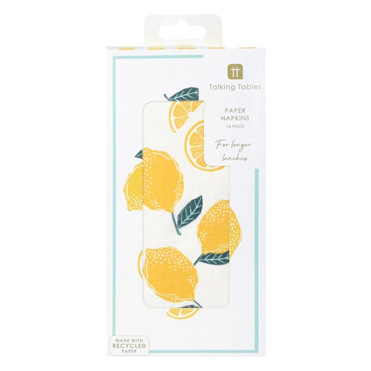 Talking Tables paper napkins in a retail package, featuring a yellow lemon and green leaf pattern on a white background.