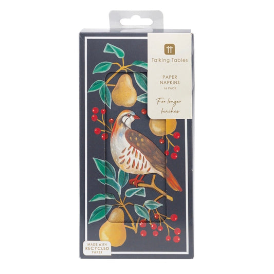 Talking Tables paper napkins in a dark navy blue box decorated with a watercolor-style bird, pears, and red berries, with a white hanging tab at the top.