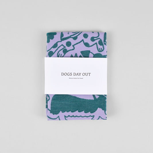 Wrap Tea Towel Dogs Day Out in Lilac and Green