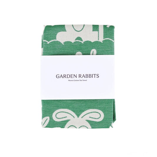 Wrap Tea Towel Garden Rabbits in green and white