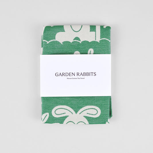 Wrap Tea Towel Garden Rabbits in green and white