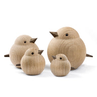 Wooden Mini, Baby, Mama and Papa Sparrows handcrafted from Natural Oak by Kristian Jakobsen for novoform