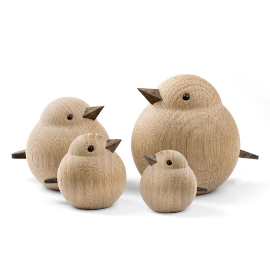 Wooden Mini, Baby, Mama and Papa Sparrows handcrafted from Natural Oak by Kristian Jakobsen for novoform