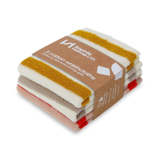 Sophie Home Striped Terry Cotton Knit Washcloths / Set of 3 - Citrus, Red, Putty 24 x 24cm