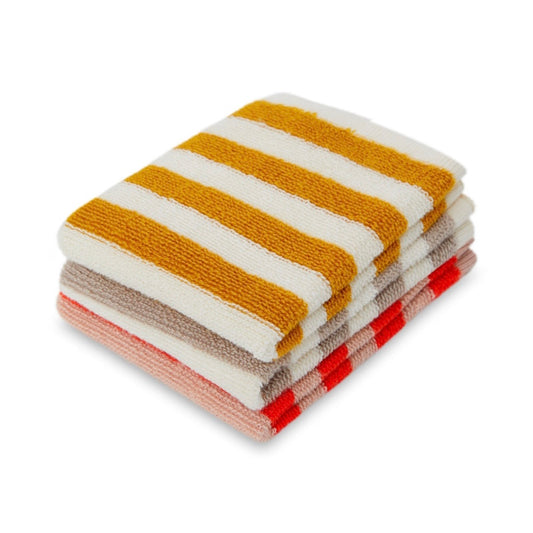 Sophie Home Striped Terry Cotton Knit Washcloths / Set of 3 - Citrus, Red, Putty 24 x 24cm