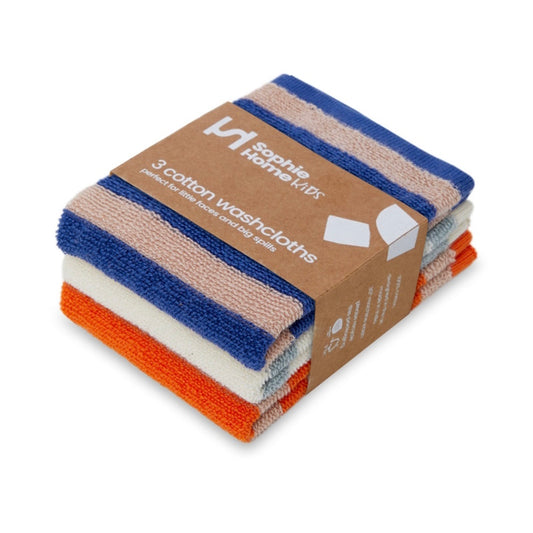 Sophie Home Striped Terry Cotton Knit Washcloths / Set of 3 - Cobalt, Aqua, Orange 24 x 24cm