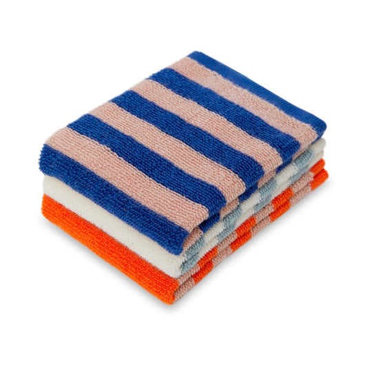 Sophie Home Striped Terry Cotton Knit Washcloths / Set of 3 - Cobalt, Aqua, Orange 24 x 24cm